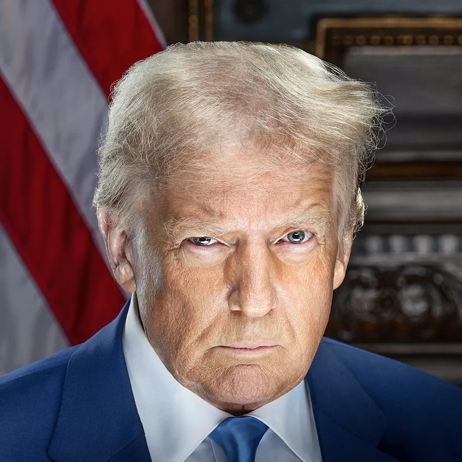 A cropped version of the official portrait of Donald J. Trump.